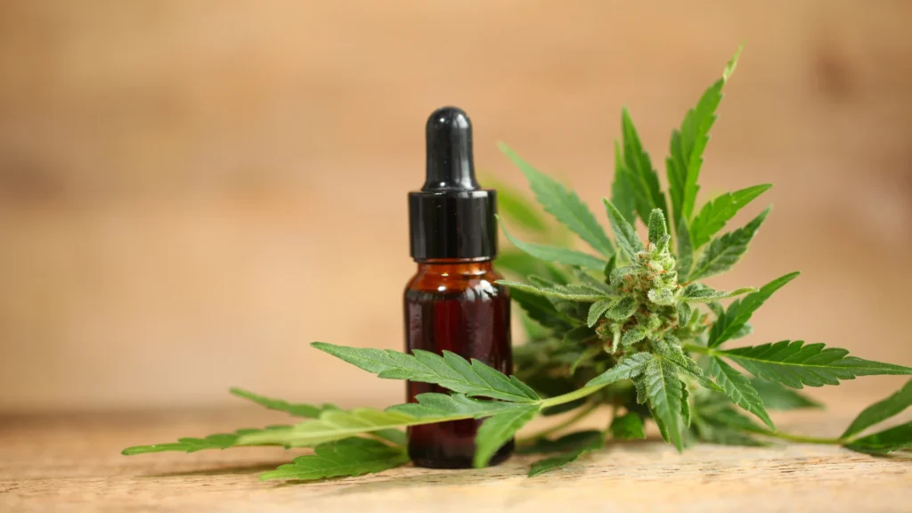 A small amber bottle with a dropper, placed next to fresh hemp leaves and a cannabis flower.