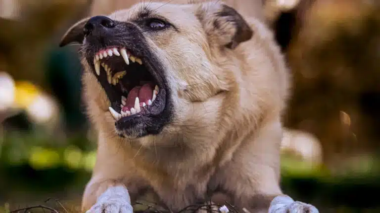 An aggressive dog snarling with its mouth open, showing sharp teeth and a tense expression.