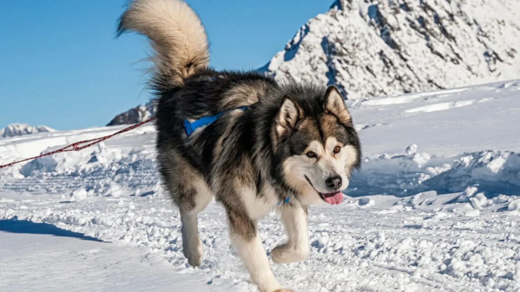 Alaskan Malamute pulling a sled through snowy mountains.