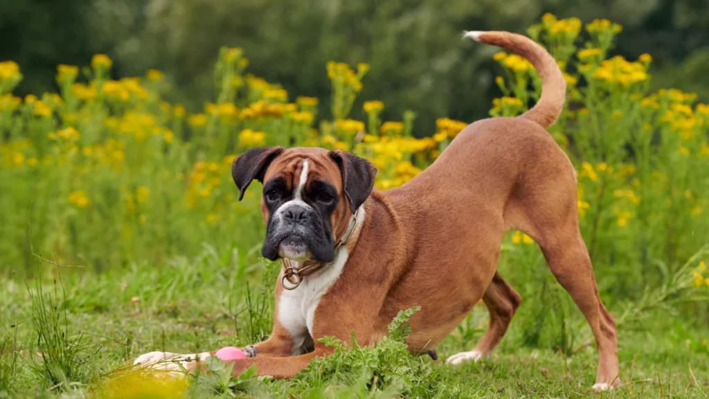 Boxer dog in a playful stance on a grassy field with yellow flowers.