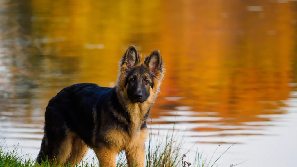 German Shepherd puppy standing by a lake with autumn colors reflected in the water.
