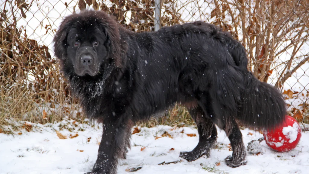 Newfoundland dog standing in snow near a red ball.