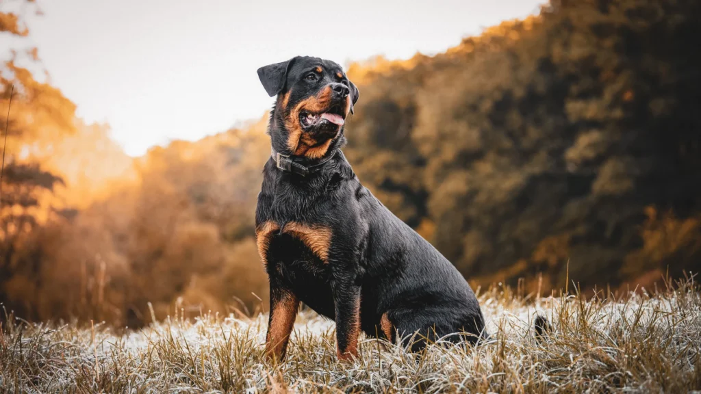 Rottweiler sitting in a frosty field with autumn trees in the background.