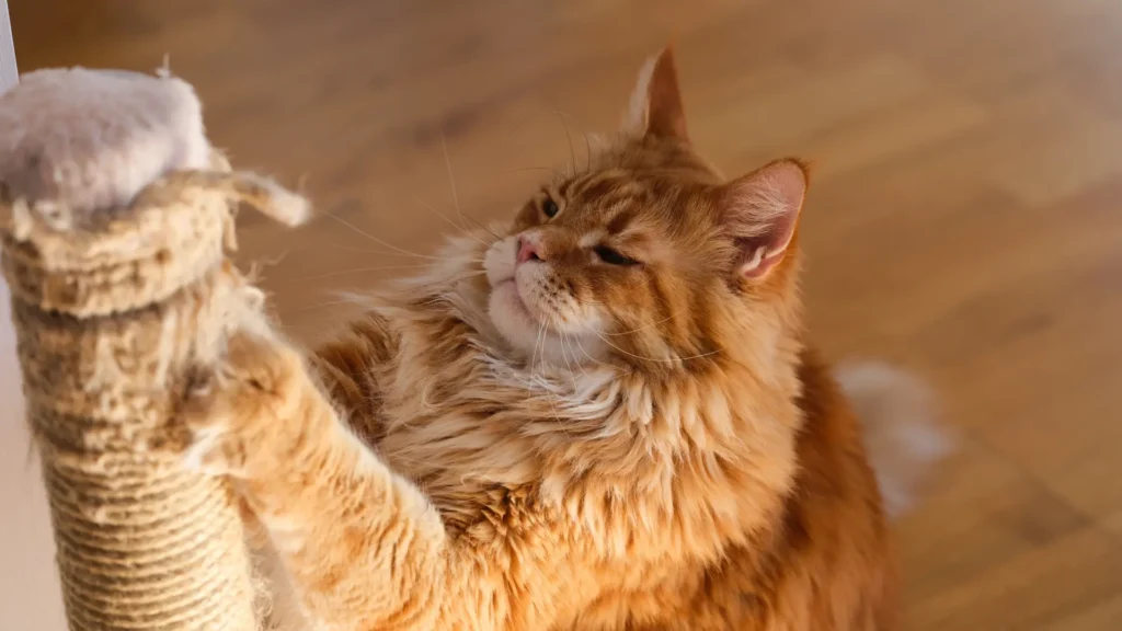 Fluffy orange cat scratching a sisal-covered scratching post.